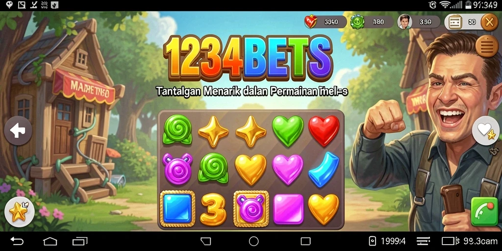 Screenshot gameplay menarik 1234BETS dengan tantangan Match-3.