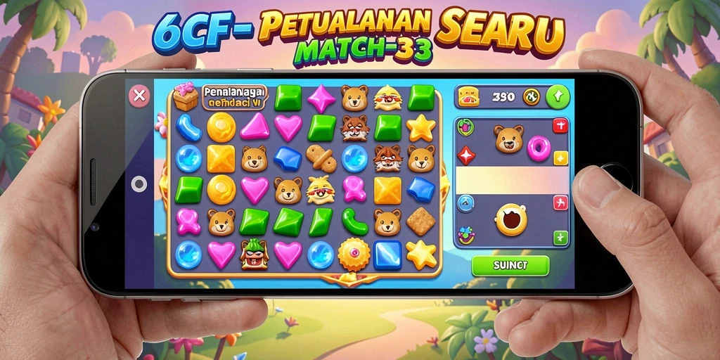 Tampilan gameplay 6CF dengan permata berwarna-warni dan tantangan seru.
