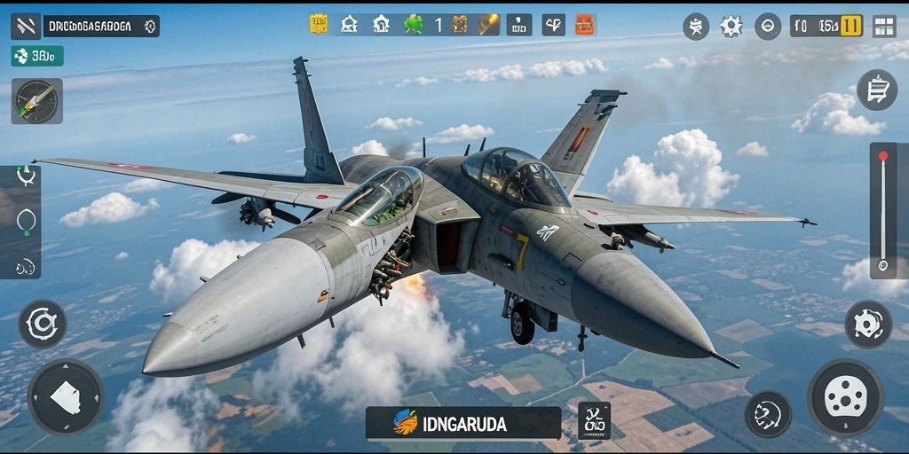 Screenshot gameplay IDNGARUDA menunjukkan aksi penerbangan yang mendebarkan.