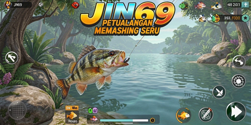 Screenshot gameplay <strong>JIN69</strong> dengan pemandangan indah lokasi memancing.
