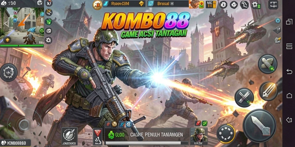 Gameplay KOMBO88 menunjukkan karakter bertarung dengan efek visual memukau.