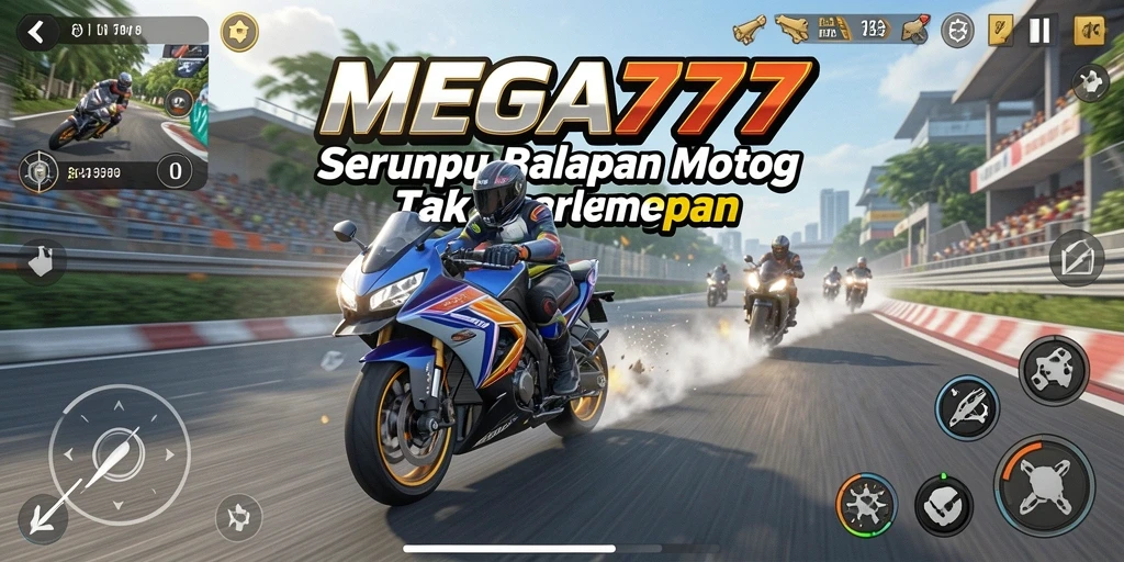 Gameplay seru MEGA777 saat balapan motor di trek menantang.