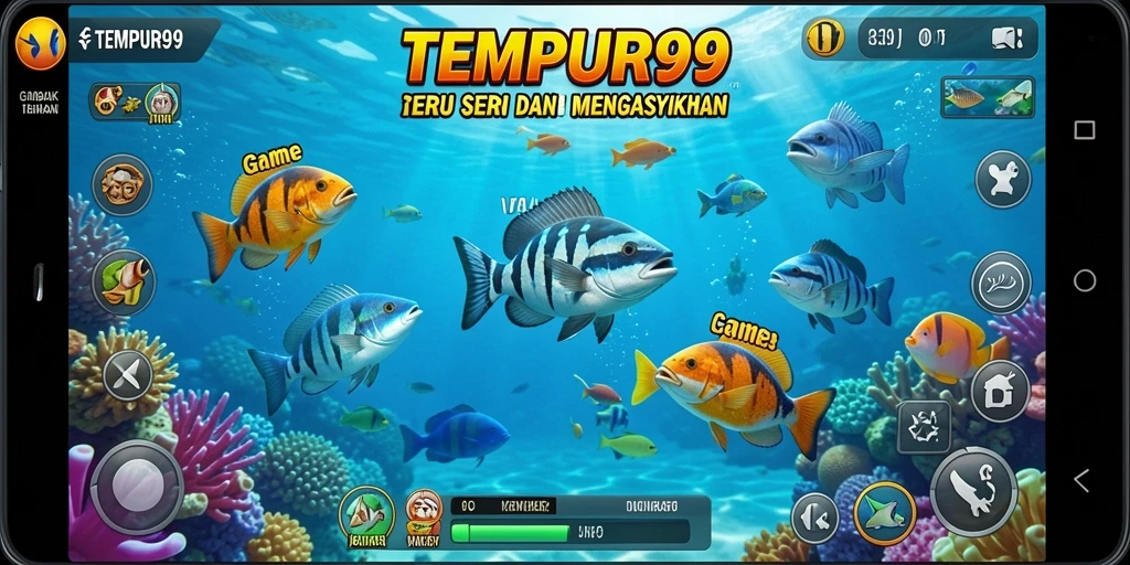Tampilan gameplay menarik dari TEMPUR99 dengan banyak ikan berwarna-warni.